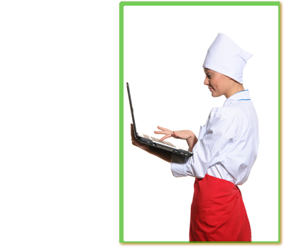 A chef holding a laptop.