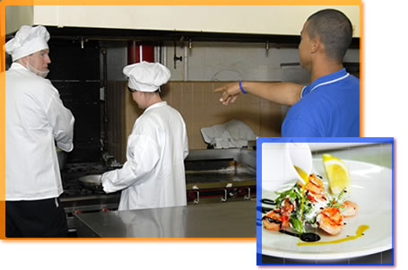 A Person in Charge directing two chefs in a kitchen, and a smaller image of a plate of food.