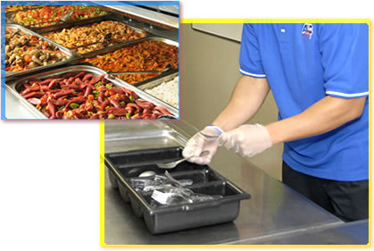 An image of a fully stocked hot food buffet and another image of the Person in Charge wearing gloves and inspecting silverware.