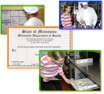 A collage of images including a chef looking at the wall postings, the Certified Food Manager inspecting food and talking to a chef, and the Certified Food Manager's Certificate.