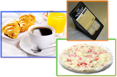 A collage of images showing juice, croissants, coffee, packaged single serving frozen pizza, and pre-packaged deli sandwiches.