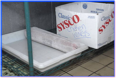 Package of frozen food thawing in cooler.