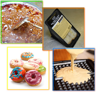 A collage of photos showing a bowl of Chili, A prepackaged sandwiche, donuts, and waffle mix being poured on a waffle iron.