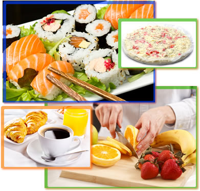 A collage of images showing a plate of sushi, a prepackaged frozen pizza, a cup of coffee, juice, and croissants, and fruit being cut on a cutting board.