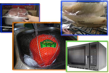 A collage of images showing frozen food thawing and a microwave.