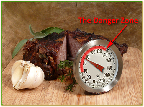 Meat sitting on a counter. A thermometer with the danger zone marked in red. The temp reads 70 degrees.