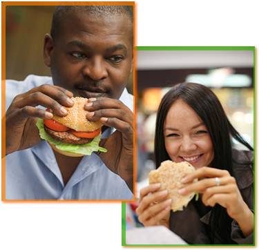 Two photos of a man and woman eating hamburgers.