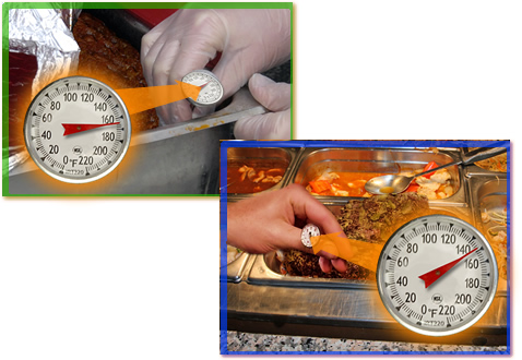 A photo of hot food at buffet with thermometer showing 149 degrees fahrenheit and a photo of a thermometer in a pot of chili showing 165 degrees 