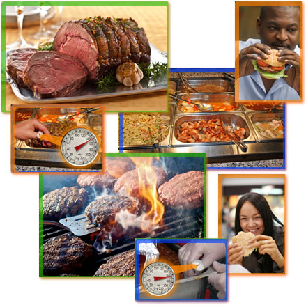 A collage of images showing people eating hamburgers, cooked food, and thermometers checking food tempertures.