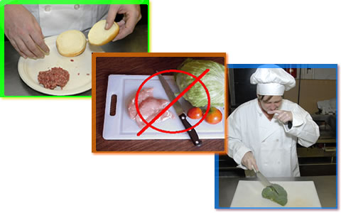 Images of a cutting board being used for raw meat cutting followed by vegetables with the NO symbol over it, 
 a Prep cook using bare hands to handle a hamburger bun after handling raw meat without washing hands, and a chef sneezing near a vegetable.
