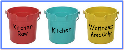 3 wiping buckets one marked kitchen raw, one marked kitchen and one marked waitress area only.