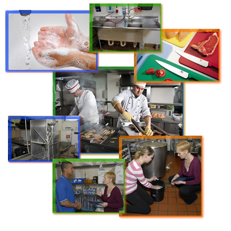 A collage of images showing chefs cooking, washing hands, multiple colored cutting boards, a dishwasher and 3 compartment sink, and a health inspector with the certified food manager and person in charge.