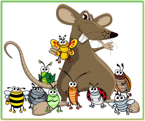 Cartoon mouse and bugs.