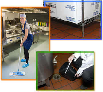 A worker cleaning floors, dry storage containers 6 inches off the floor, a worker pouring water down floor drain. 
