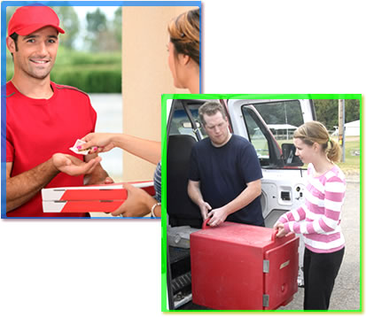 An image of two workers packing food into a truck, and an image of a pizza delivery.
