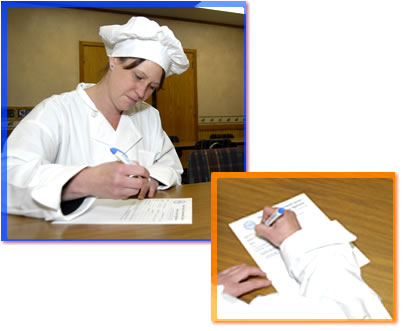 Chef filling out an application for a catering license.