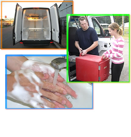 Three images showing the interior of a food delivery vehichle, two workers loading a cambro, and lathered hands under running water.