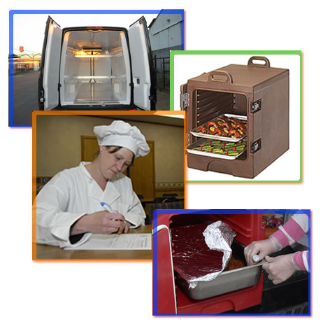 A collage of images showing the interior of a food delivery vehicle, a cambro, a chef filling out catering application, and a thermometer in a tray of chili.