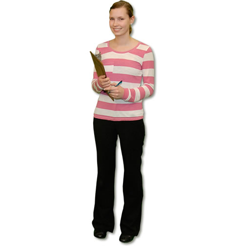 A woman holding a clipboard.