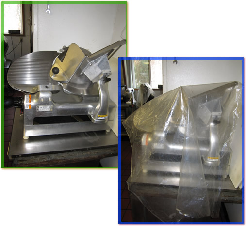 Two images of a clean and properly covered meat slicer.