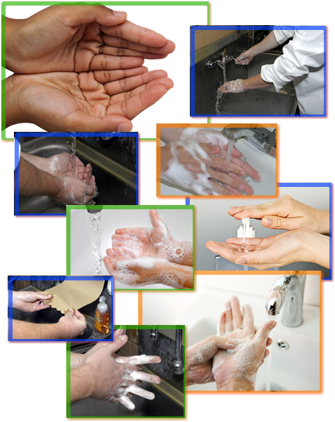 A collage of iages showing hand washing.