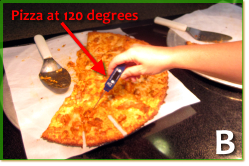 Digital Termometer in pizza showing 120 degrees.