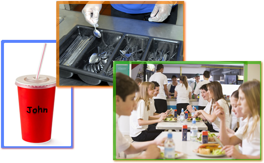 A collage of images showing a labeled cup, clean silverware, and a break room full of people eating.